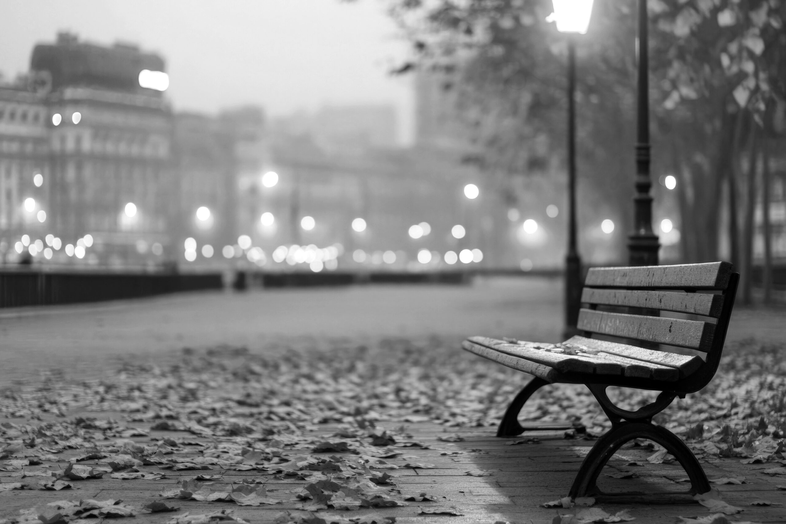 somber park bench under streetlamp at night illuminating empty s