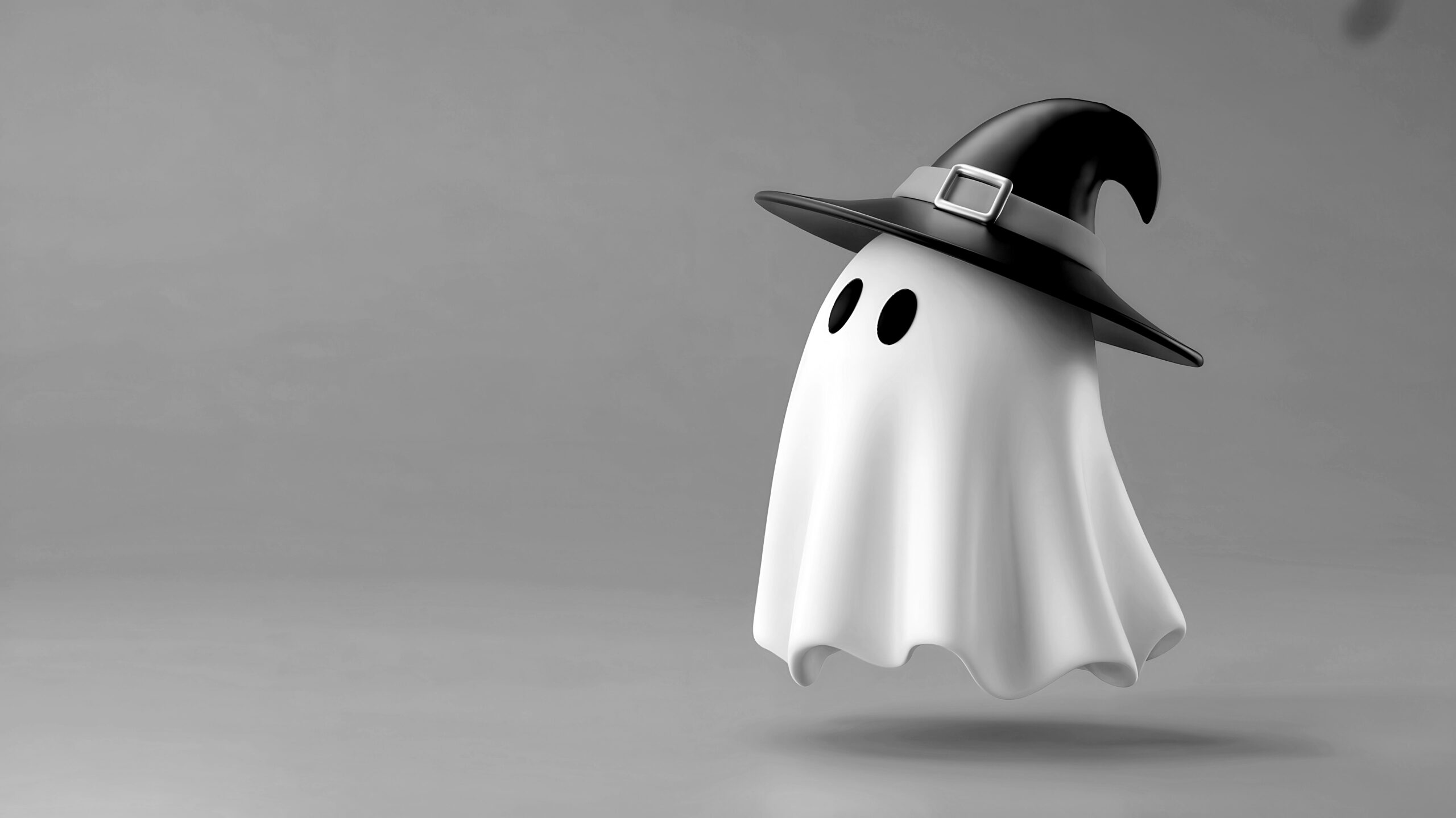 A cute 3d ghost wearing a witch hat on an orange background, per