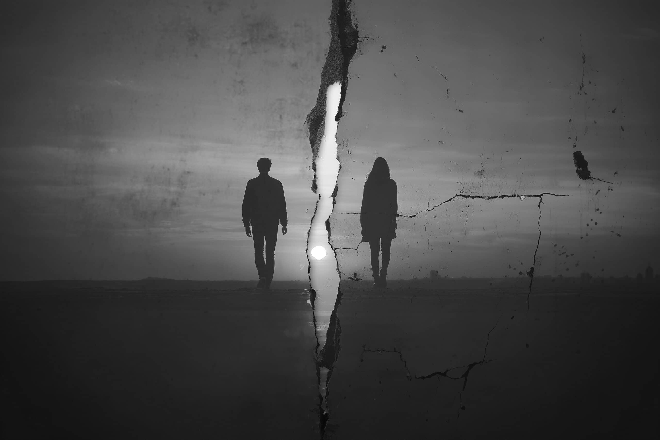 The silhouette of a man and a woman each walking away from their