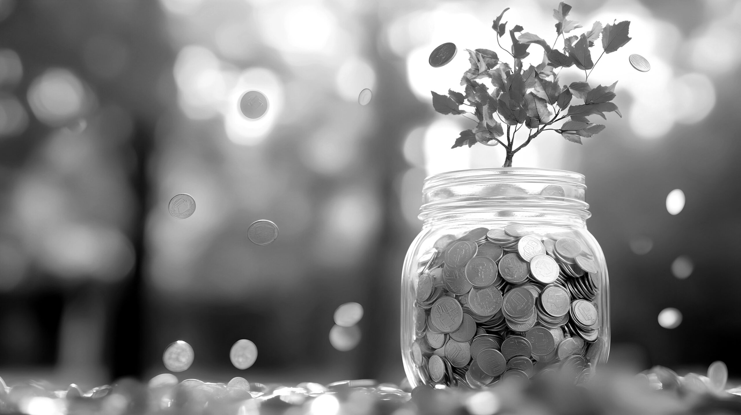 A glass jar filled with autumn leaves and shining coins symboliz